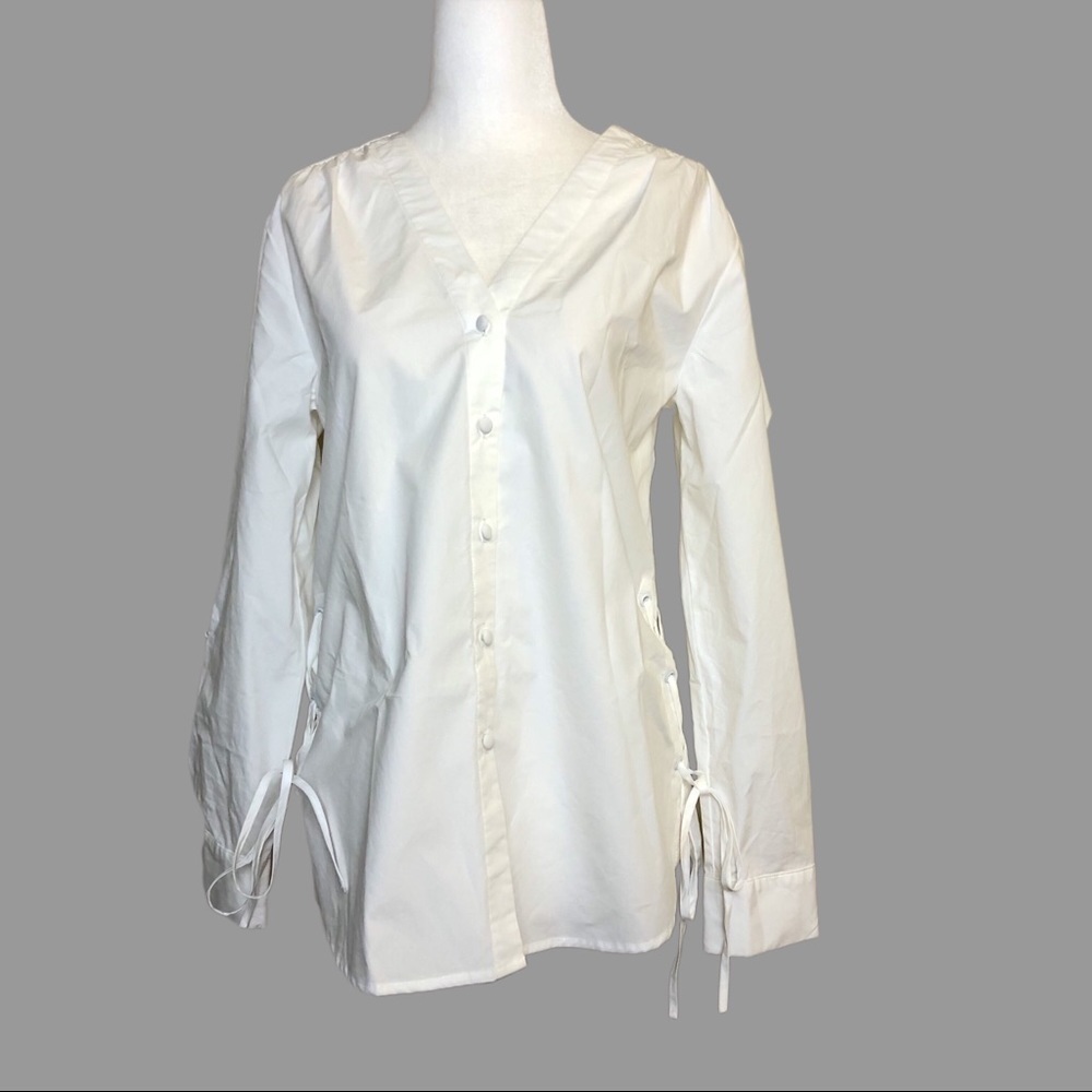 💛 XS 💛 NWT Anthro Lace Up Tunic Buttondown Tie Bow Ruched Shoulders Long